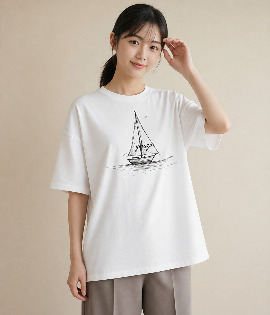 半袖Tシャツ レディース 桟橋 水辺 波止場 ナチュラル アンティーク イラスト きれいめ 自分用 ルームウェア 白T YMAZO
