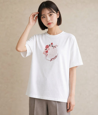 半袖Tシャツ レディース 扇子 そよ風 ナチュラル アンティーク イラスト シック 在宅 公園 白T YMAZO