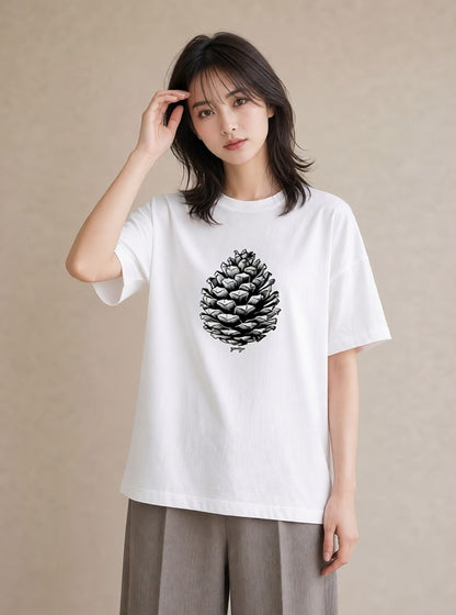 プリントTシャツ レディース 松ぼっくり 植物 ボタニカル イラスト ゆるかわ 母娘コーデ 自分用 白T YMAZO