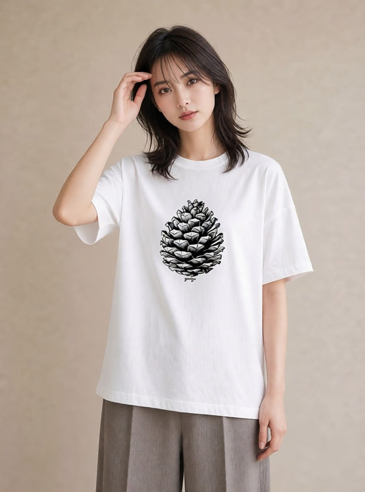プリントTシャツ レディース 松ぼっくり 植物 ボタニカル イラスト ゆるかわ 母娘コーデ 自分用 白T YMAZO
