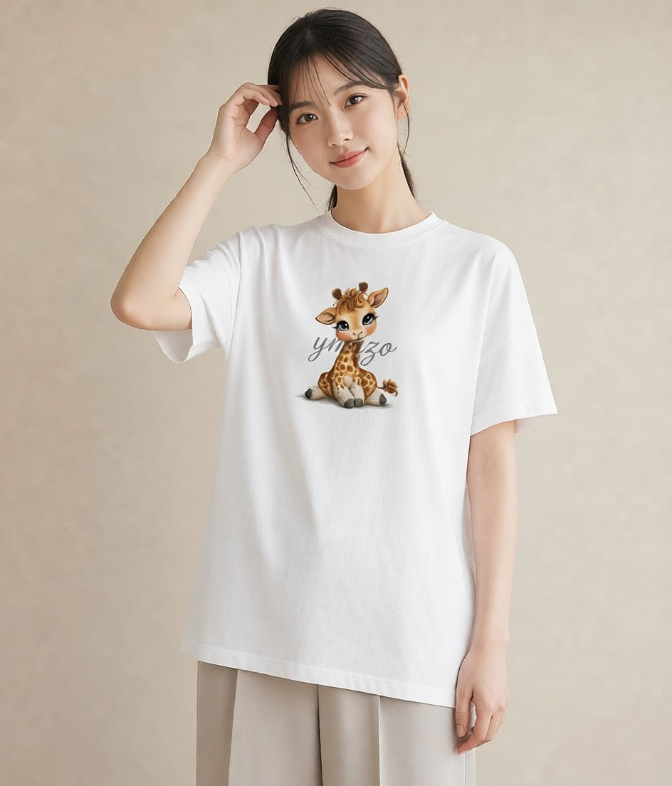 半袖Tシャツ レディース きりん 動物 アニマル イラスト レトロ クリスマス 旅行 白T YMAZO