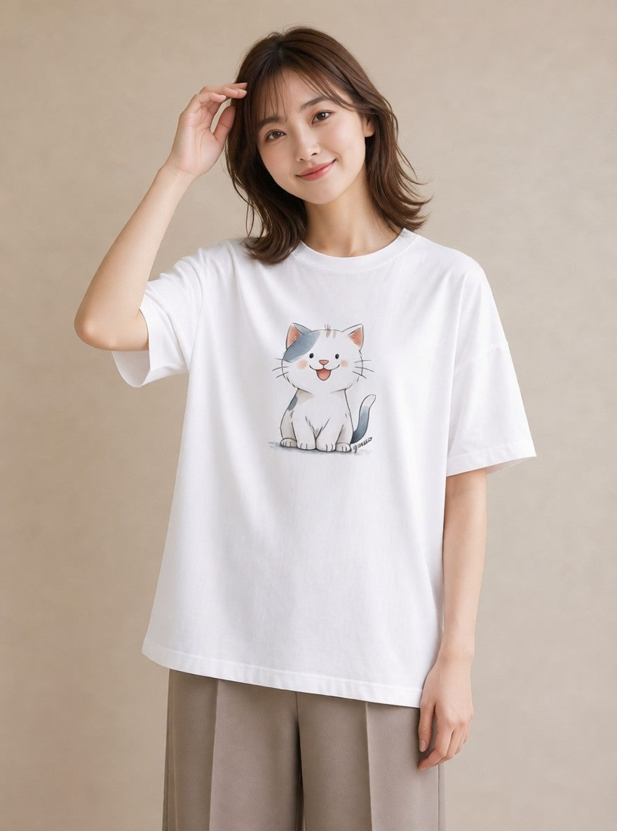 Tシャツ レディース 白猫 猫 ねこ イラスト 手描き風 海 カフェ巡り 白T YMAZO