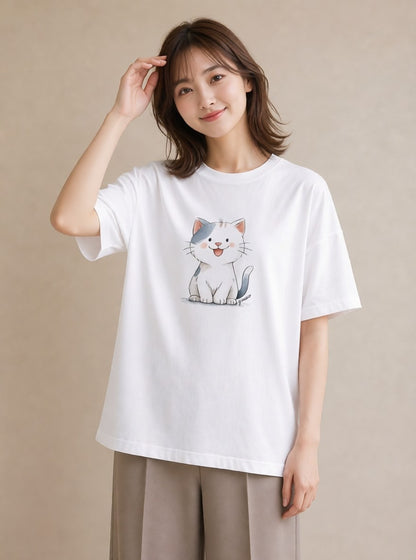 Tシャツ レディース 白猫 猫 ねこ イラスト 手描き風 海 カフェ巡り 白T YMAZO