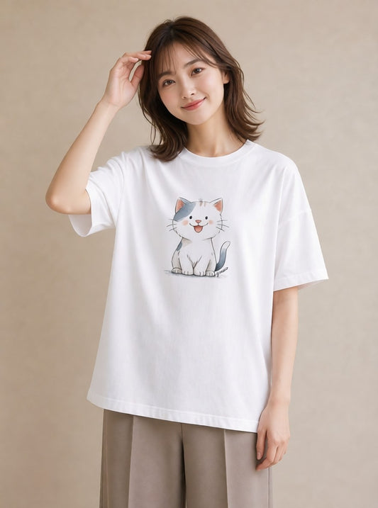 Tシャツ レディース 白猫 猫 ねこ イラスト 手描き風 海 カフェ巡り 白T YMAZO
