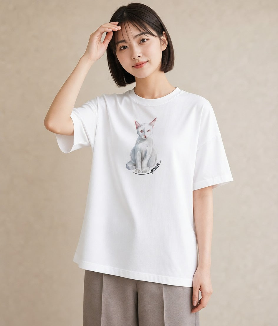 プリントTシャツ レディース 三毛猫 みけねこ 三毛 猫 ねこ イラスト ラフ デート 帰省 白T YMAZO