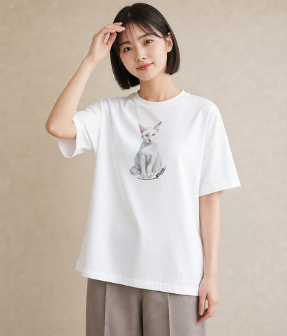 プリントTシャツ レディース 三毛猫 みけねこ 三毛 猫 ねこ イラスト ラフ デート 帰省 白T YMAZO
