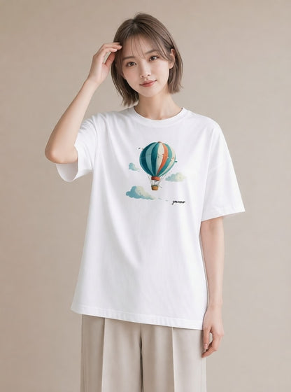 半袖Tシャツ レディース 気球 星空 宇宙 イラスト ナチュラル 旅行用 海 白T YMAZO
