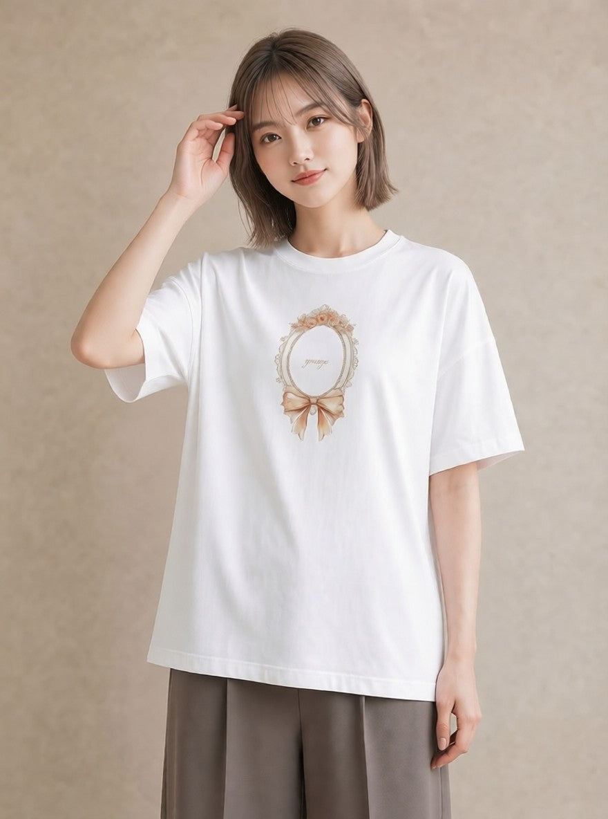 Tシャツ レディース レースハンカチ レース ハンカチ ナチュラル アンティーク イラスト 抜け感 送別ギフト 通勤 白T YMAZO