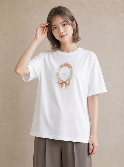 Tシャツ レディース レースハンカチ レース ハンカチ ナチュラル アンティーク イラスト 抜け感 送別ギフト 通勤 白T YMAZO