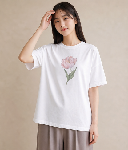 Tシャツ レディース 牡丹 花 花柄 イラスト シック 女子会 お揃い 白T YMAZO