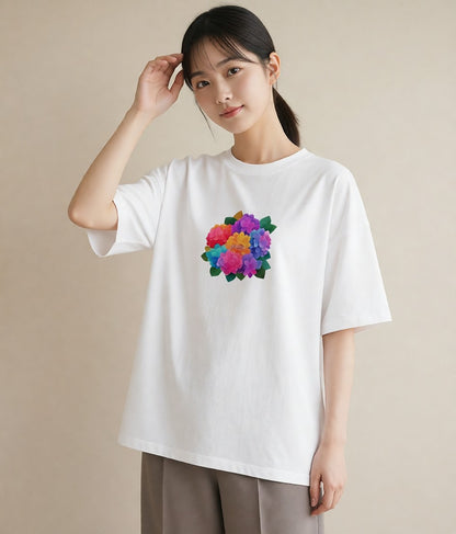 半袖Tシャツ レディース あじさい 紫陽花 アジサイ 花 花柄 イラスト カフェコーデ お出かけ 普段着 白T YMAZO
