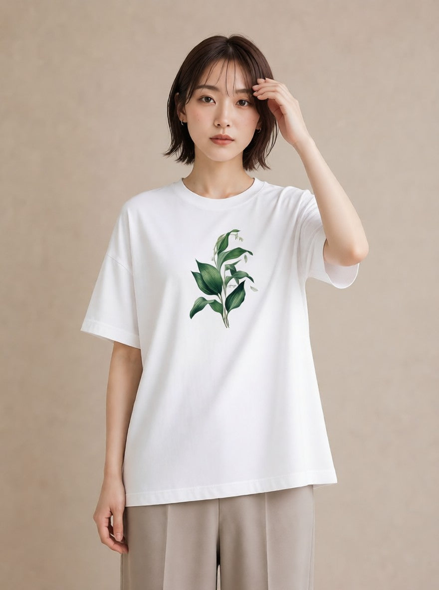 半袖Tシャツ レディース すずらん 花 花柄 イラスト レトロ 帰省 ラフ 白T YMAZO