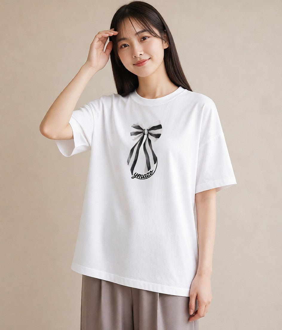 プリントTシャツ レディース リボン 蝶結び ナチュラル アンティーク イラスト 休日 ペアコーデ 白T YMAZO