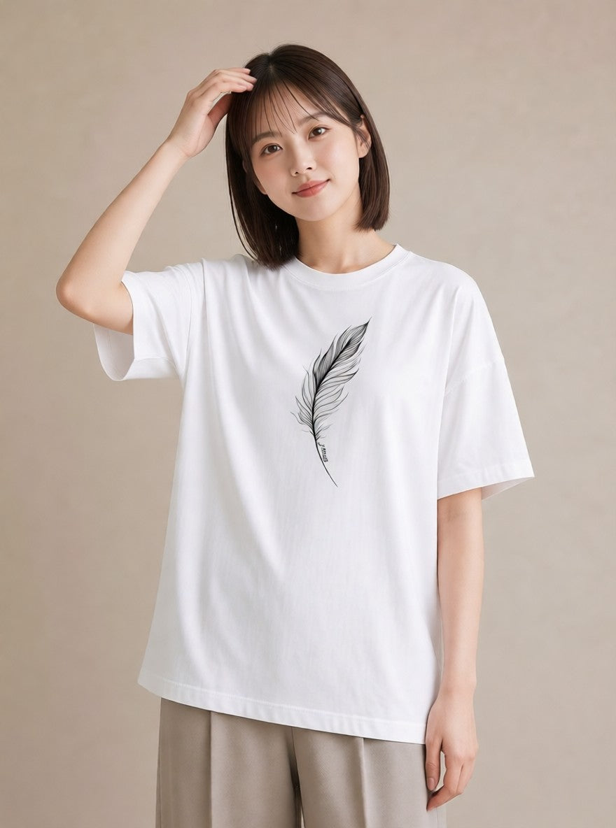 グラフィックTシャツ レディース 扇子 そよ風 ナチュラル アンティーク イラスト 買い物 夏コーデ 白T YMAZO