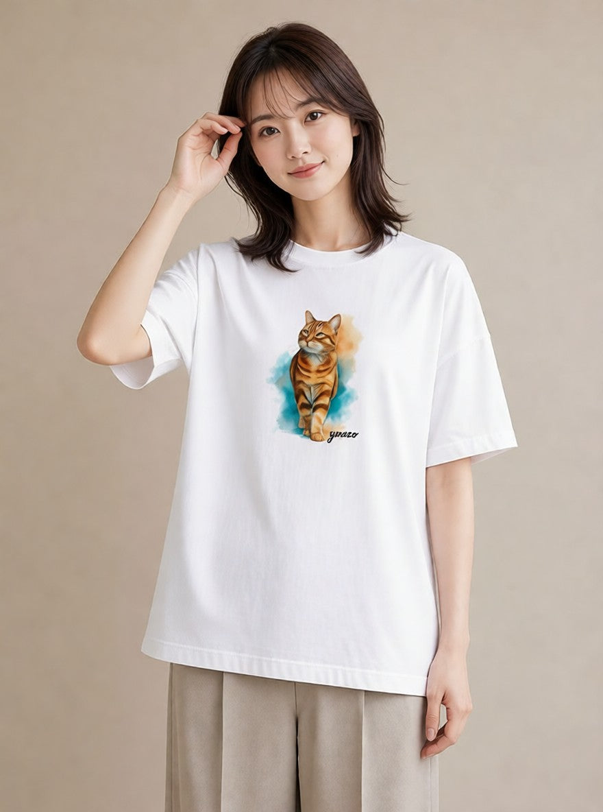 デザインTシャツ レディース おすわり猫 猫 ねこ イラスト 上品 カジュアルコーデ 買い物 白T YMAZO