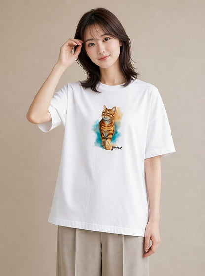 デザインTシャツ レディース おすわり猫 猫 ねこ イラスト 上品 カジュアルコーデ 買い物 白T YMAZO