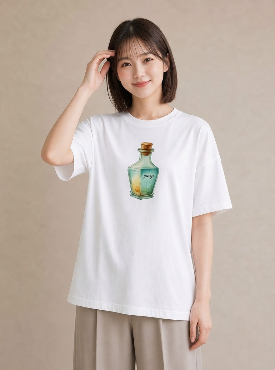 グラフィックTシャツ レディース ガラス瓶 小枝 ボタニカル ナチュラル アンティーク イラスト きれいめ レイヤード 友達ギフト 白T YMAZO