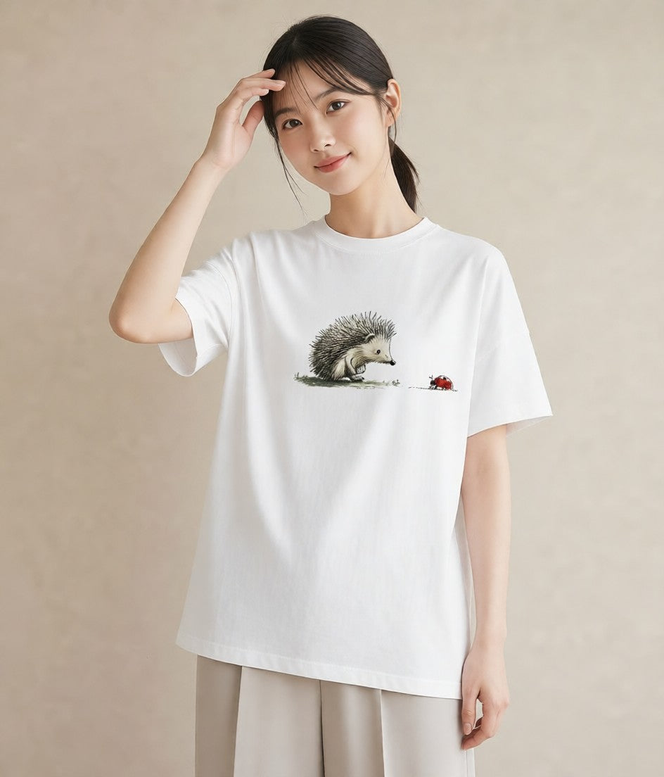 デザインTシャツ レディース ハリネズミ ペット 動物 イラスト 淡色 親子 20代 白T YMAZO