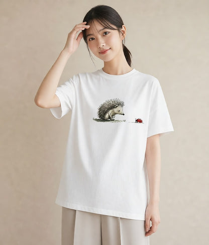 デザインTシャツ レディース ハリネズミ ペット 動物 イラスト 淡色 親子 20代 白T YMAZO