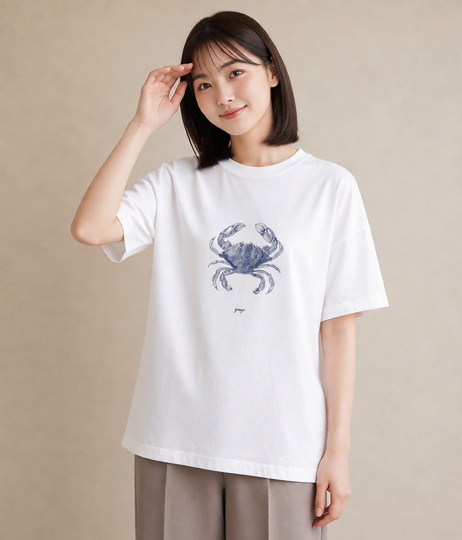 プリントTシャツ レディース カニ 海の生き物 海 イラスト こなれ感 姉妹 送別ギフト 白T YMAZO