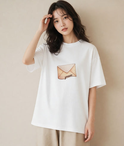 半袖Tシャツ レディース 封蝋 手紙 アンティーク ナチュラル イラスト フェミニン 女性向けギフト 散歩 白T YMAZO