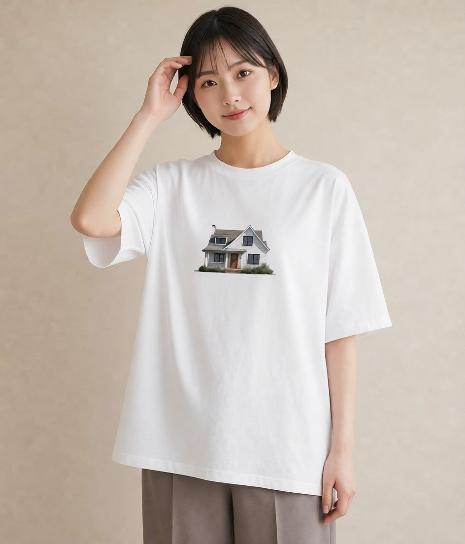 デザインTシャツ レディース 湖畔の小屋 湖 小屋 ナチュラル アンティーク イラスト アート風 女性 旅行用 白T YMAZO