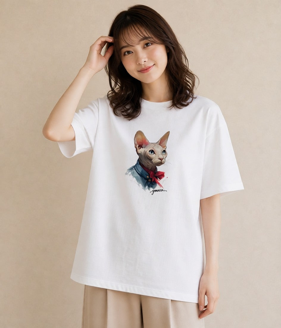 デザインTシャツ レディース スフィンクス 猫 ねこ イラスト 淡色 カフェ服 クリスマス 白T YMAZO