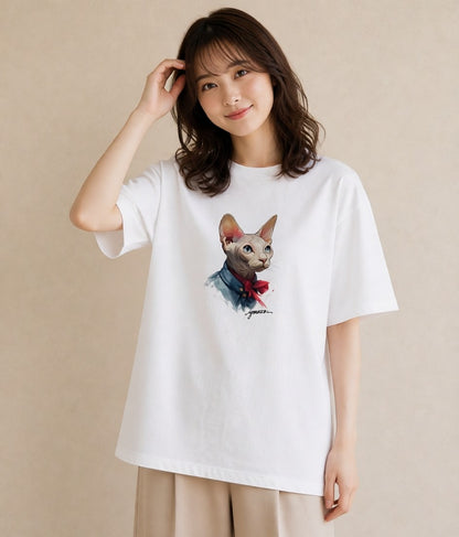 デザインTシャツ レディース スフィンクス 猫 ねこ イラスト 淡色 カフェ服 クリスマス 白T YMAZO