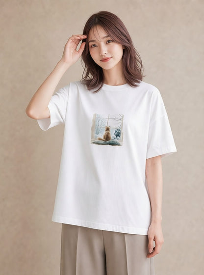 プリントTシャツ レディース 窓辺の椅子 窓辺 椅子 ナチュラル アンティーク イラスト ゆるかわ 通学 誕生日プレゼント 白T YMAZO