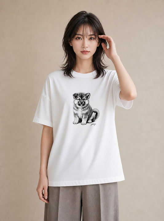 半袖Tシャツ レディース 秋田犬 犬 いぬ イラスト 抜け感 カジュアルコーデ 買い物 白T YMAZO