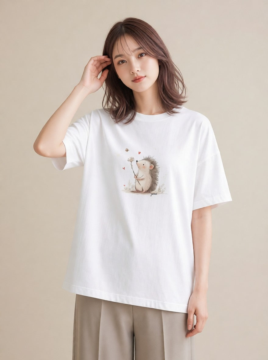 グラフィックTシャツ レディース ハリネズミ ペット 動物 イラスト アート風 レイヤード 友達ギフト 白T YMAZO
