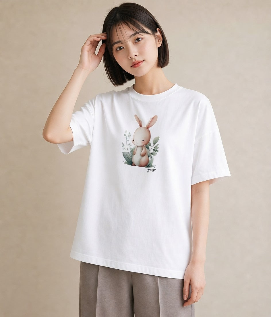 半袖Tシャツ レディース ミニうさぎ ペット 動物 イラスト フェミニン 公園 ママ 白T YMAZO
