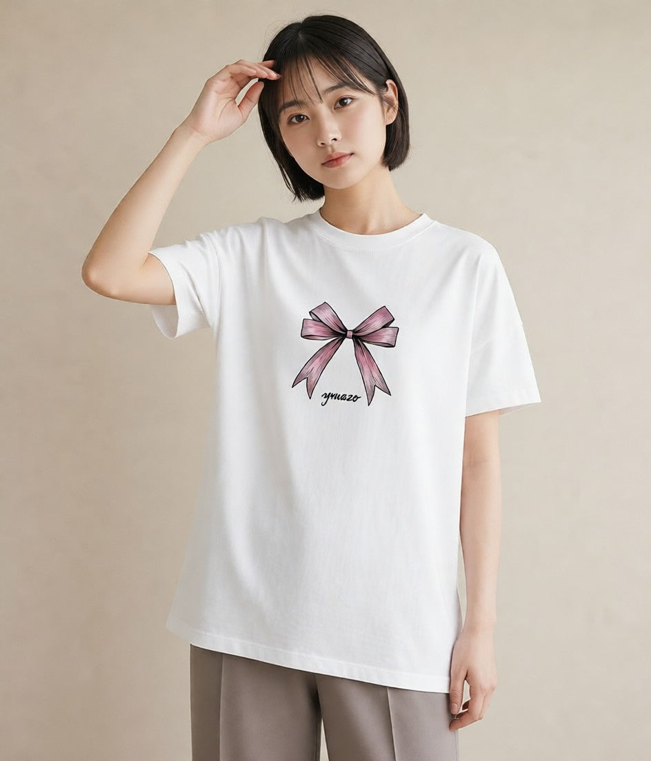 半袖Tシャツ レディース リボン 蝶結び ナチュラル アンティーク イラスト 韓国風 クリスマス 旅行 白T YMAZO