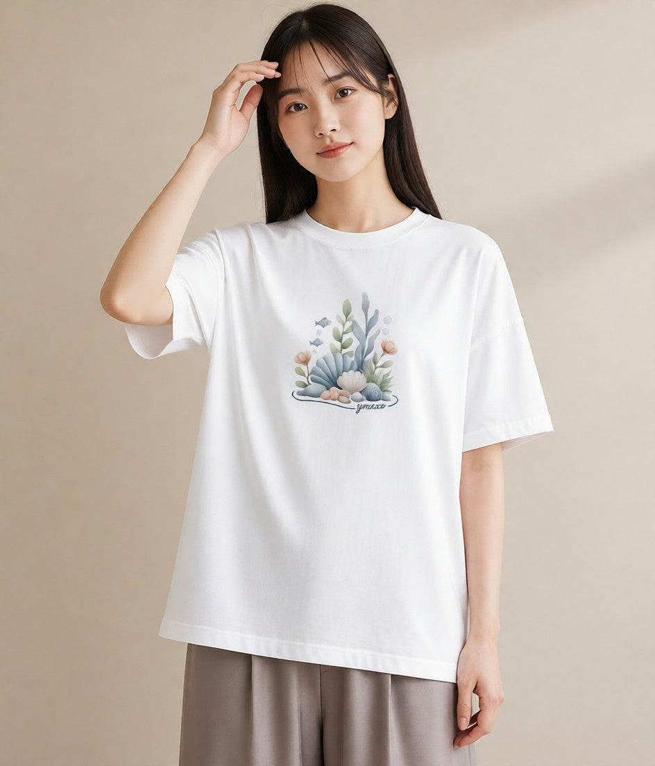 半袖Tシャツ レディース サンゴ 海の生き物 海 イラスト ラフ 自分用 ルームウェア 白T YMAZO