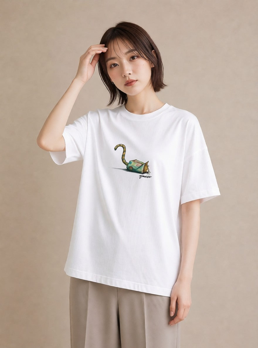 Tシャツ レディース キジトラ 猫 ねこ イラスト ナチュラル 在宅 公園 白T YMAZO