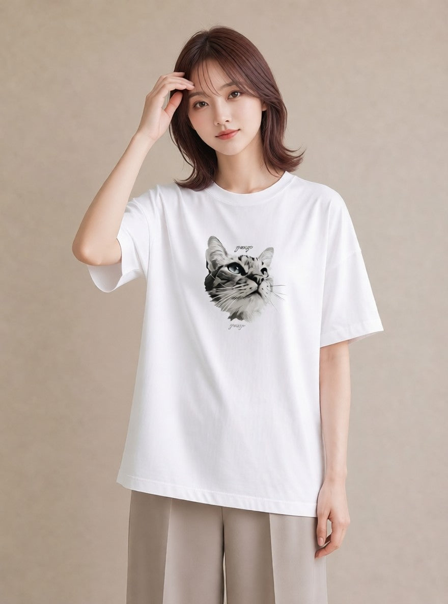 プリントTシャツ レディース 猫 ねこ イラスト ユニーク レイヤード 友達ギフト 白T YMAZO
