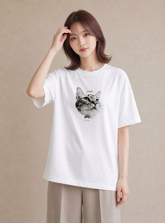 プリントTシャツ レディース 猫 ねこ イラスト ユニーク レイヤード 友達ギフト 白T YMAZO