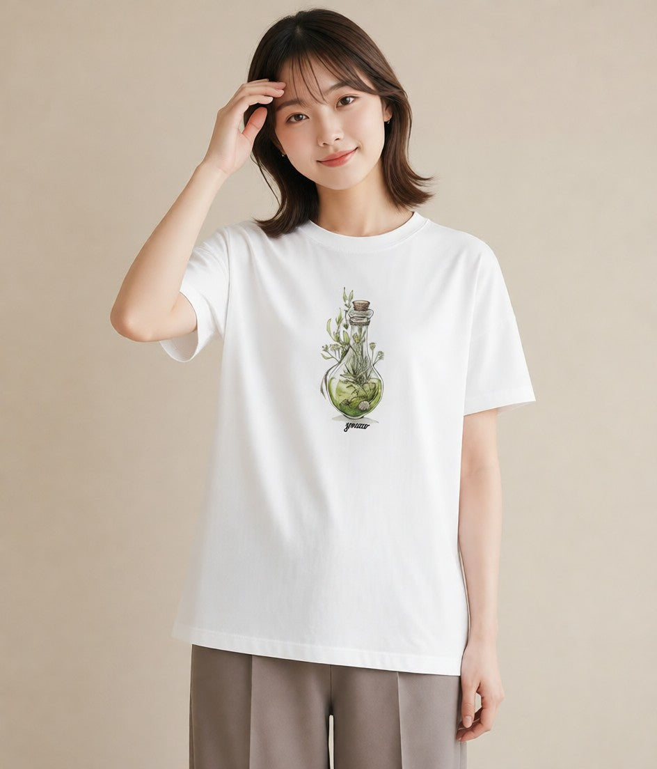 グラフィックTシャツ レディース ガラス瓶 小枝 ボタニカル ナチュラル アンティーク イラスト 休日 ペアコーデ 白T YMAZO