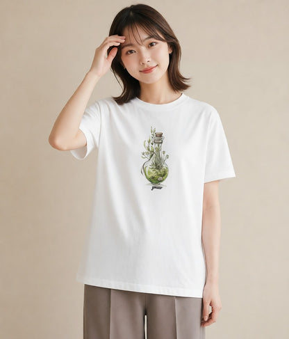 グラフィックTシャツ レディース ガラス瓶 小枝 ボタニカル ナチュラル アンティーク イラスト 休日 ペアコーデ 白T YMAZO