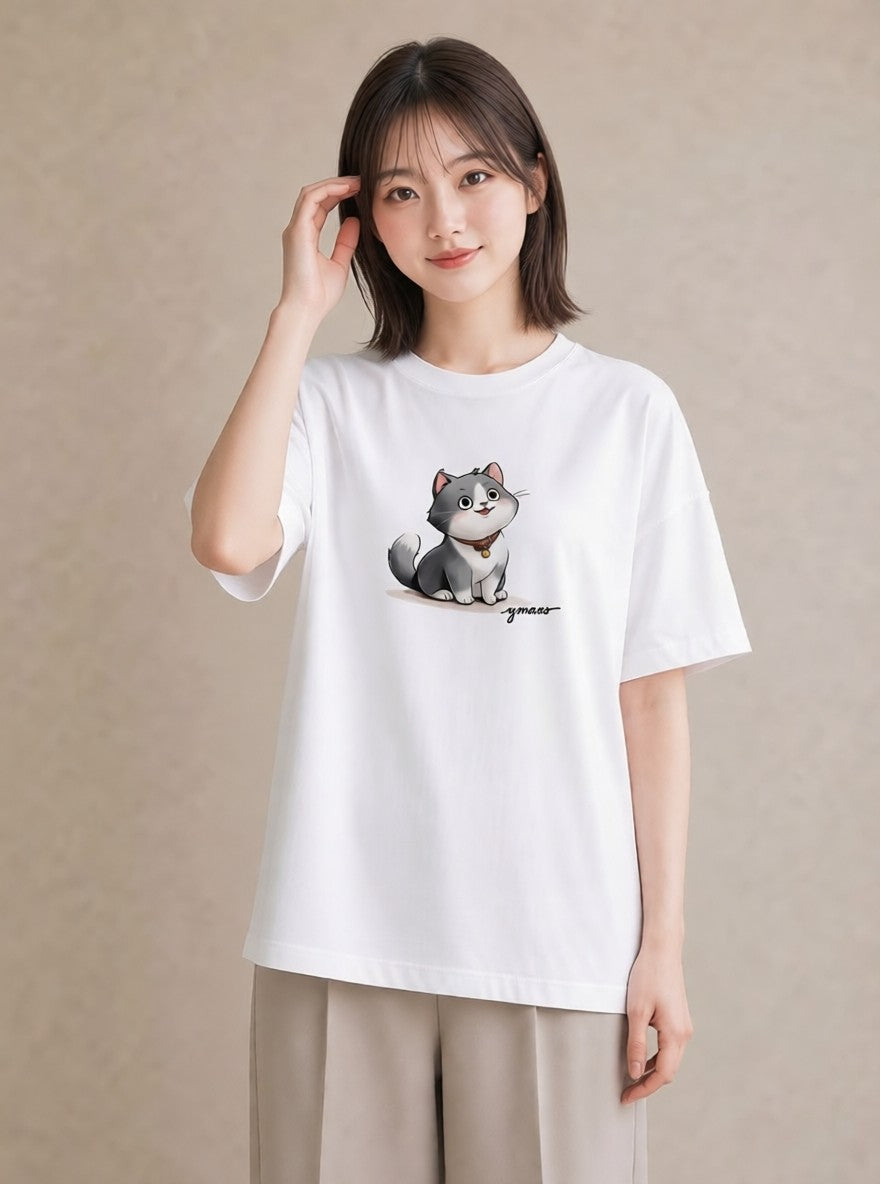 デザインTシャツ レディース スコティッシュフォールド 猫 ねこ イラスト 手描き風 レイヤード 友達ギフト 白T YMAZO