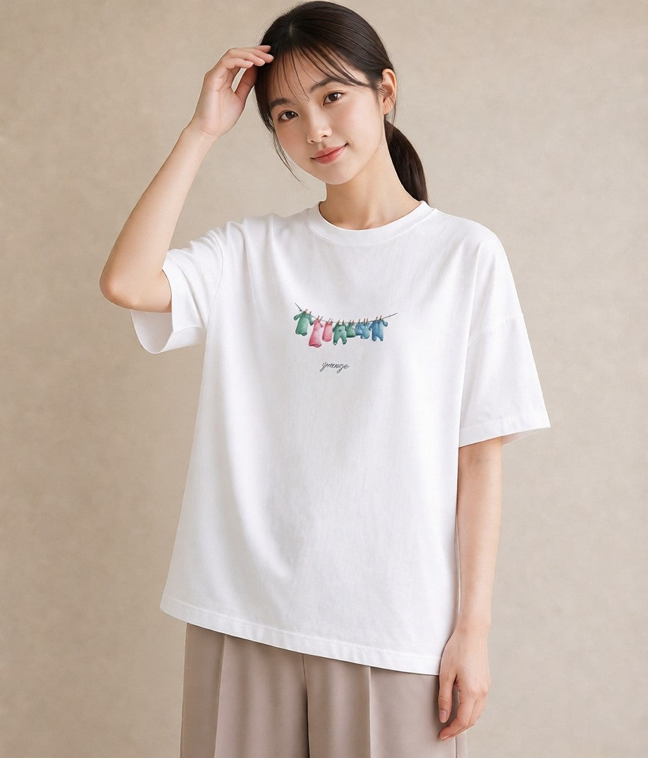 デザインTシャツ レディース 洗濯物 風 ナチュラル アンティーク イラスト 北欧風 週末コーデ 敬老の日 白T YMAZO