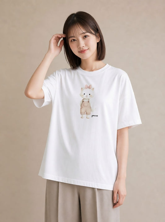Tシャツ レディース 白猫 猫 ねこ イラスト 手描き風 デート 帰省 白T YMAZO