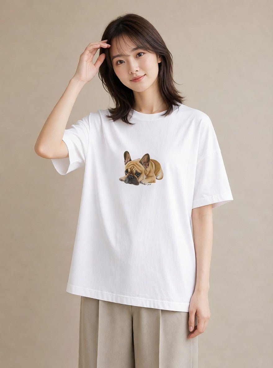 デザインTシャツ レディース フレンチブルドッグ フレブル 犬 いぬ イラスト カフェコーデ 誕生日プレゼント 綿100 白T YMAZO