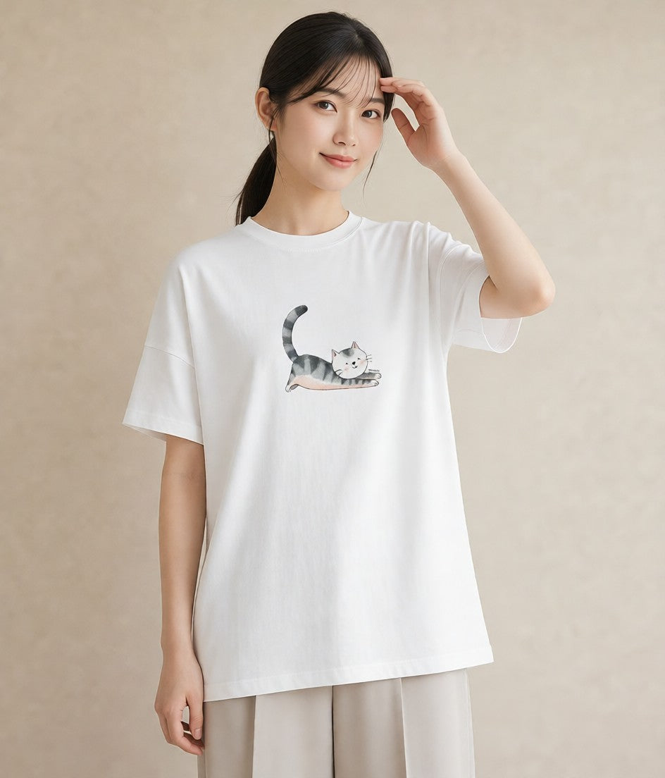 半袖Tシャツ レディース マンチカン 猫 ねこ イラスト カジュアル 在宅 公園 白T YMAZO