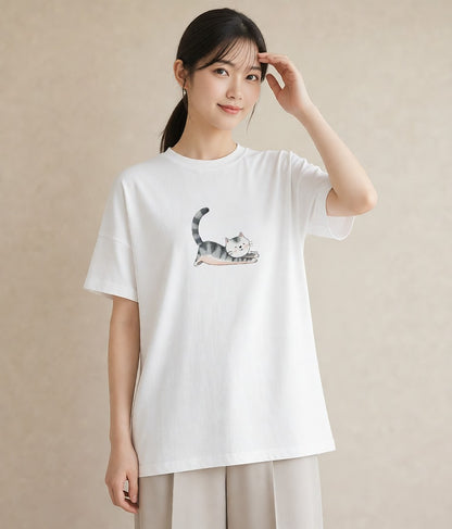 半袖Tシャツ レディース マンチカン 猫 ねこ イラスト カジュアル 在宅 公園 白T YMAZO