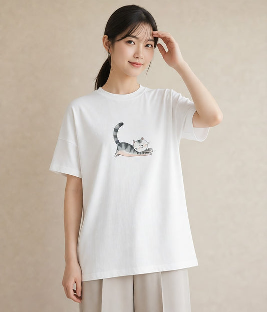 半袖Tシャツ レディース マンチカン 猫 ねこ イラスト カジュアル 在宅 公園 白T YMAZO