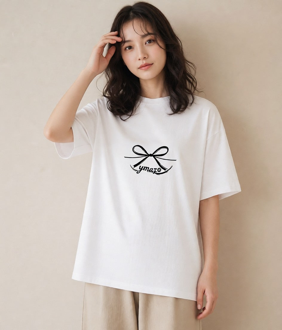 半袖Tシャツ レディース リボン ボウ りぼん イラスト 線画 自分用 ルームウェア 白T YMAZO