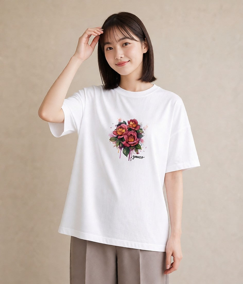 プリントTシャツ レディース バラ 薔薇 ローズ 花 花柄 イラスト 普段使い お出かけ 普段着 白T YMAZO
