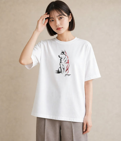 Tシャツ レディース シベリアンハスキー 犬 いぬ イラスト 母の日 ビーチ 白T YMAZO