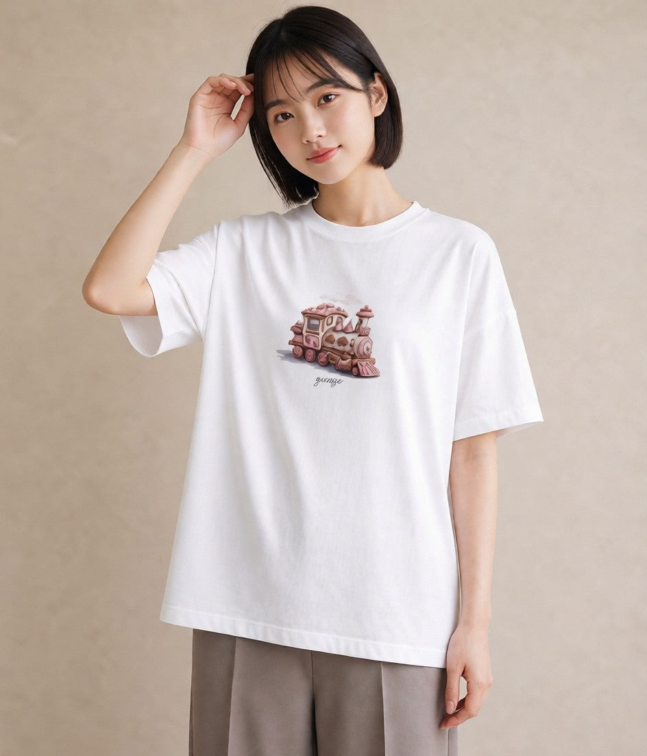 半袖Tシャツ レディース 駅のホーム ローカル線 駅 ナチュラル アンティーク イラスト ミニマル 自分用 ルームウェア 白T YMAZO